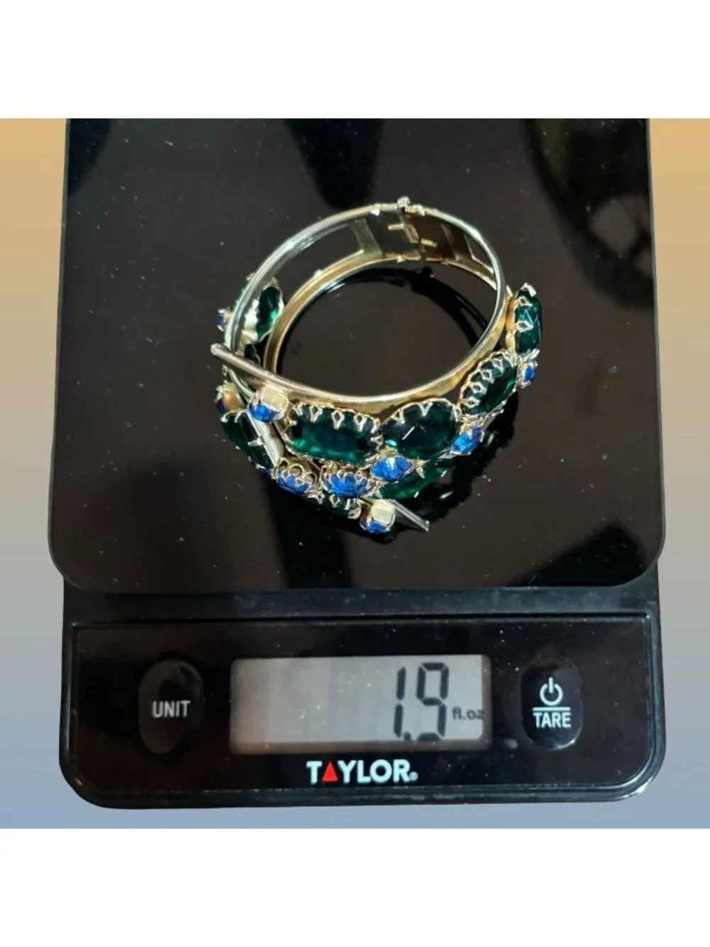 Gold Tone Hinged Bangle Green Blue Rhinestone Art Deco Statement Bracelet Vintag